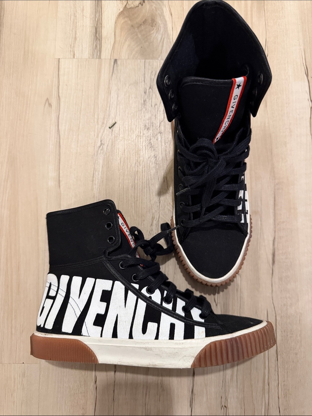 GIVENCHY  Black Canvas High-Top Sneakers with Red Logo Tab